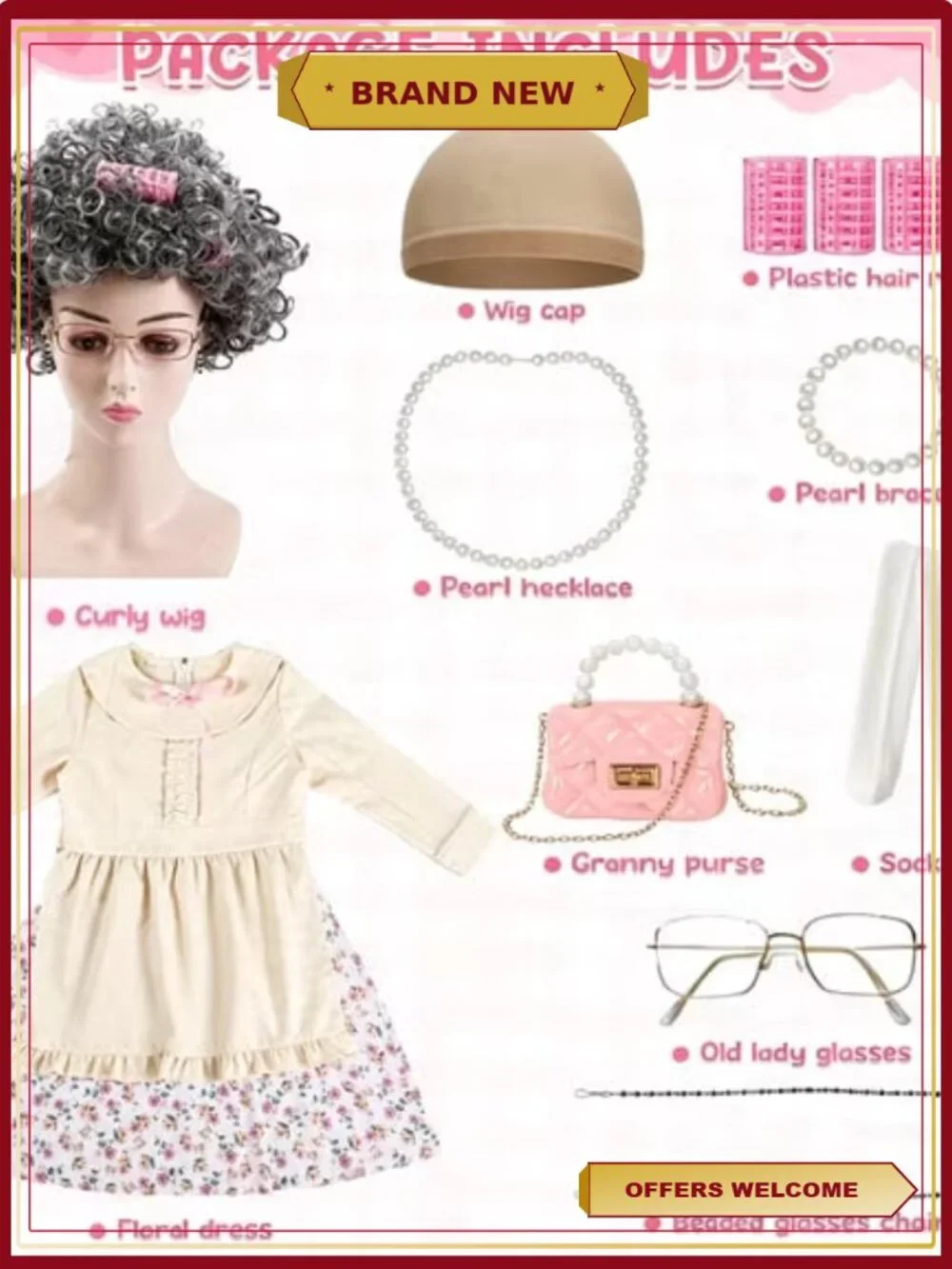 Girls Old Lady Costume 10Pc Set 100 Days of School Halloween Grandma Dress Up